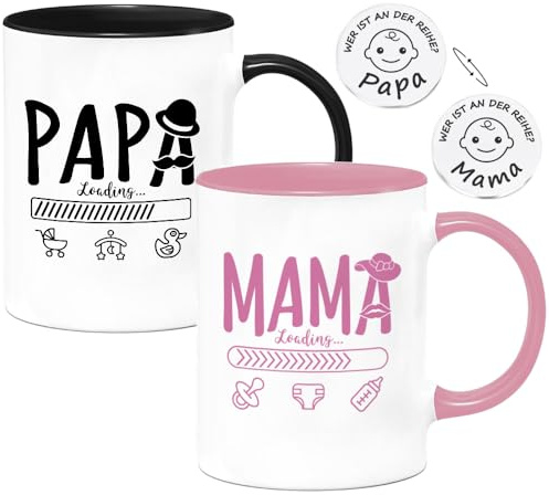 Tassen Set mit Entscheidungsmünze, Geschenke zur Geburt für Werdende Eltern | Neue Papa Mama Tassen Set Schwangerschaft Geschenkideen für Werdende Junge Mütter Väter Geschenk