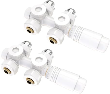 S'AFIELINA Ventil-Armaturen Set Multiblock Ventilhahnblock mit Thermostat für Heizkörper Handtuchheizkörper Anschlussarmatur Universal 50mm für Eck- und Durchgangsform, Weiß (15mm+16mm, 2Stück)