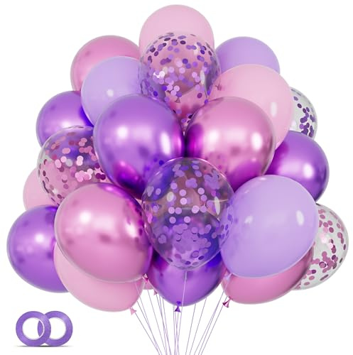 68 Stück rosa und lila Ballons, 12 Zoll Konfetti Ballon, Metallic lila rosa Latex Ballon mit Band, Party Ballons für Mädchen Geburtstag Baby Dusche Hochzeit Party Dekorationen