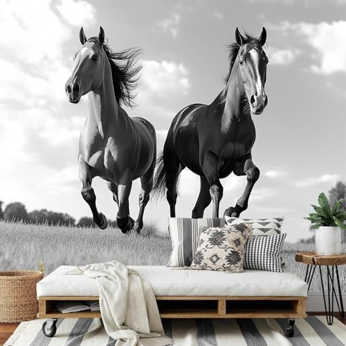 Papel Pintado Caballos Corriendo Pared 3D Papel Tapiz - En Blanco Y Negro Murales Tapiz Fotomural para Sala Cuarto Oficina Salón Tv Fondo Pared Dormitorio Decoración