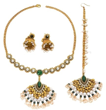 Set di gioielli da sposa da donna - Collana indiana placcata in oro antico, orecchini e tikka con strass e perle - Matrimonio Bollywood Festival Etnico Gioielli Regalo, Large, Metallo, Zirconia cubica