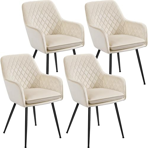 Yaheetech Esszimmerstühle 4er Set Küchenstühle, Polsterstühle mit Armlehnen Metallbeine, Seesel aus Samtstoff für Arbeitszimmer/Wohnzimmer, Beige