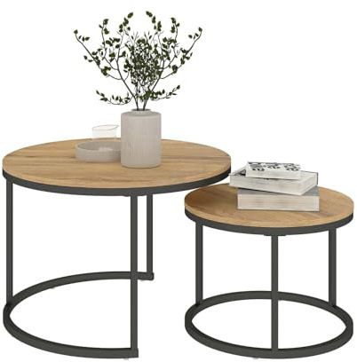 Ginhow Couchtisch Rund 2er Set Couchtisch Schwarz Holz mit Schwarzem Metallgestell, Wohnzimmertisch Rund Sofatisch Beistelltisch für Wohnzimmer Schlafzimmer Büro, 70+50 cm