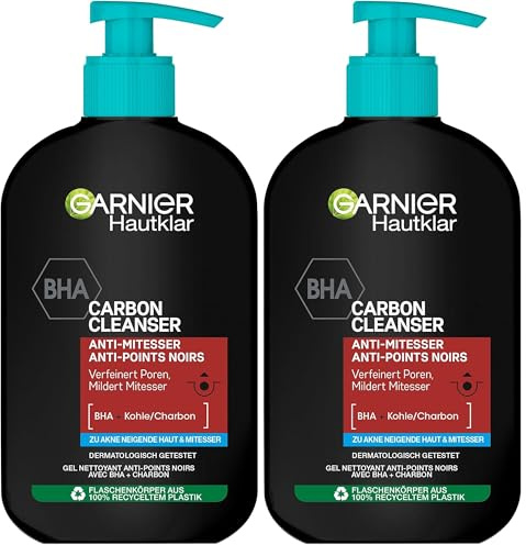 Garnier Hautklar Waschgel, BHA Carbon Cleanser mit Kohle, Anti-Mitesser & Anti-Pickel Waschgel und Gesichtsreiniger, 250 ml (Packung mit 2)