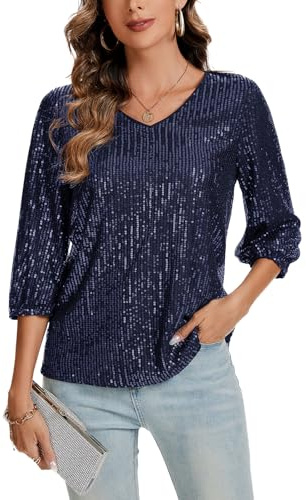 Kyzoeyou Damen Pailletten Glitzer Tops Oberteil 3/4 Ärmel V-Ausschnitt T-Shirt Bluse Lose Freizeit Party Festival Club