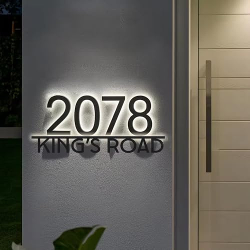 Letrero Personalizado Con Números De Casa Modernos Retroiluminados Por LED, Placa Iluminada Con El Nombre De La Calle Personalizable, Placa Acrílica Exterior Iluminada Personalizada(14inch)