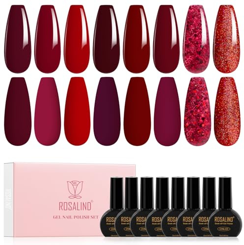 ROSALIND Smalto Semipermanente Unghie Rosso, 8pcs Rosso Bordeaux Chiaro Glitterato Smalto Gel UV Smalti Semipermanenti per Unghie per Principianti, Professionisti, Manicure Saloni