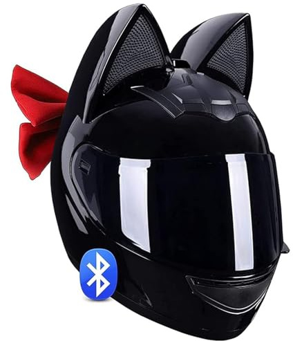 QJWMatic Caschi integrali da Moto, Casco Bluetooth con Orecchie di Gatto e Visiera Parasole, Casco da Motocross per Adulti Certificato ECE per Corse su Strada, Uomini e Donne H,M54-56CM
