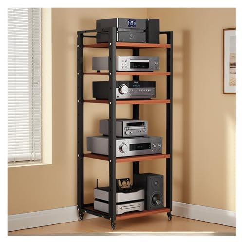 Ripiano multimediale regolabile a 5 livelli con ruote frenabili, rack HiFi stabile per home theater e giradischi