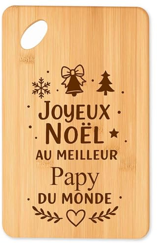 Planche à Découper Joyeux Noël au Meilleur Papy du Monde - Plateau Apéro en Bambou Cadeau Noël Gravé Collègue Cuisine Barbecue