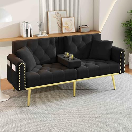Lahoomu Doppelt ausklappbares Schlafsofa mit Liegefunktion, DREI verstellbaren Neigungswinkeln und Getränkehalter，für Wohnzimmer, Schlafzimmer, Heimkino oder Gästezimmer， Stoffbezug， Schwarz