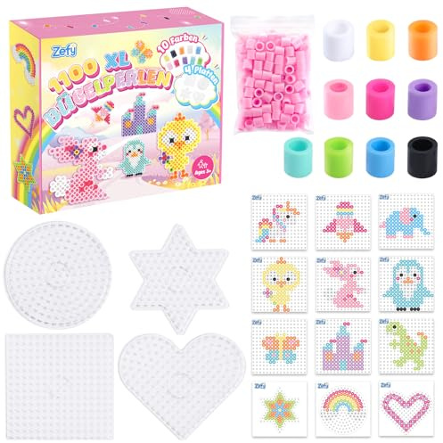 Zefy 10mm Bügelperlen mit 4 Steckplatten, 1100 Stück 11 Farben Groß Bügelperlen Set Maxi Steckperlen für Kinder ab 3 Jahren (Pastell)