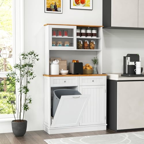 COSTWAY Buffet de Cuisine 2 Tiroirs, Meuble Cuisine avec Plan de Travail en Caoutchouc, Placard Basculant 38 L, Meuble Poubelle Rangement 172 cm, Armoire Vaisselier (Blanc)