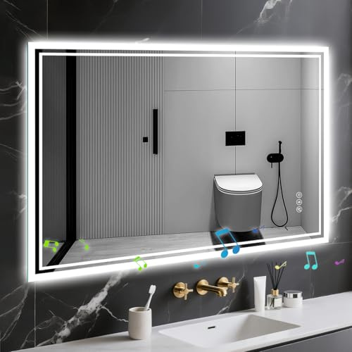 Badspiegel-mit-Beleuchtung 100x70 - LED Badezimmerspiegel mit Bluetooth Badezimmer Spiegel mit Beleuchtung, Entfoggen, Dimmbar, 3 Lichtfarben, Wandspiegel Led-Spiegel-Bad Horizontal/Vertikal