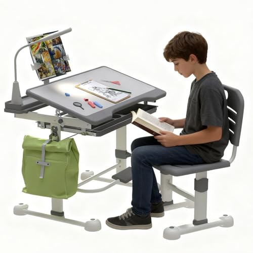 JMGJOY Escritorio Infantil 6-12 Años con Luz LED y Tablero Inclinable - Pupitre Infantil Ajustable en Altura, Escritorio Niño Niña para Estudio, Deberes, Lectura - [Gris]