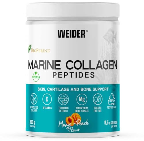 Weider Marine Collagen (300g) Sabor Mango-Melocotón, 9,5g/porción Colágeno Hidrolizado de Pescado, con Vitamina C, Magnesio, Extractos Cúrcuma, Pimienta Negra Bioperine, para Piel, Cartílagos y Huesos