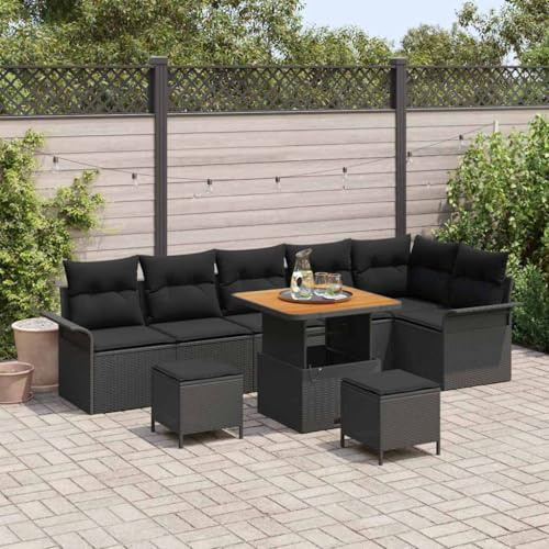 Keeushr Garten-Sofa-Set 9-teilig Schwarz mit Kissen und Stauraum, Modernes Poly-Rattan Sofa-Set mit Akazienholz-Tisch für Terrasse, Outdoor-Möbel mit verstellbaren Füßen