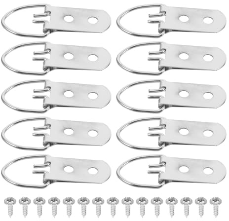 MOBUTOFU Juego de 30 Colgadores de Cuadros con Anilla en D y Tornillos, Gancho Metálico Resistente Plateado para Marcos de Punto de Cruz y Lienzos, Kit de Herrajes para Colgar