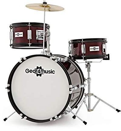 Batería Júnior de 3 Piezas de Gear4music Granate | Para Jóvenes Principiantes de 5-10 Años, Kit de Tres Piezas con Caja, Bombo y Platillo, Instalación Rápida, Taburete Incluido