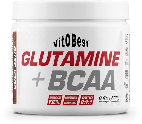 VITOBEST | Aminoácidos Glutamine+BCAA en Polvo | Ayuda a promover la recuperación de los esfuerzos musculares | No contiene azúcar ni glucosa añadidos Apto para celíacos | Sabor Cola - 200 g