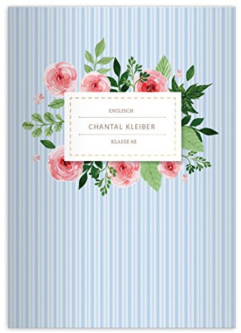 Kartenkaufrausch 8 personalisierte, Romantische Vintage DIN A4 Schulhefte, Rechenhefte mit Rosen auf Streifen in hellblau Lineatur 7 (Kariertes Heft)