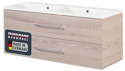FACKELMANN Waschtischunterschrank inkl. Doppel-Gussbecken B.CLEVER/Soft-Close-System/Maße (B x H x T): ca. 120 x 48,5 x 46 cm/Möbel fürs WC oder Badezimmer/Schrank: Braun hell/Becken: Weiß