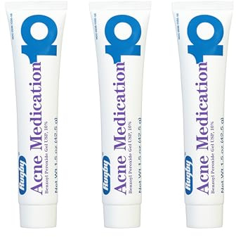 Rugby Acne Medication Benzoyl Peroxide Gel USP, 10% - Clear Up Acne Pimples - Greaseless, Vanishing Formula - 1.5 Oz (42.5g) - 3 Pack