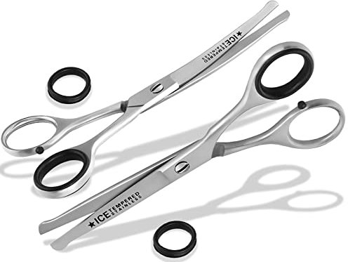 Gerade + Gebogene Hunde-Haarschere Fellschere 14,5 cm mit abgerundeten Enden und MIKROVERZAHNUNG 2-Teiliges Set aus rostfreiem Edelstahl