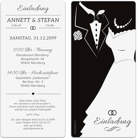 Kartenmachen.de Personalisierte Hochzeit Einladungskarten Black & White Brautpaar, ab 10 bis 100 Stück selbst gestalten, dickes Papier, DIN Lang 99x210mm