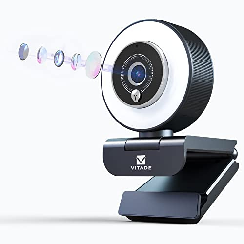 VITADE Cámara web 960A 1080P FHD con luz de anillo, cámara web de transmisión para PC con micrófono dual, Autoenfoque rápido, Imagen nítida H.264, Plug and Play, Cámara web USB para Zoom Meeting