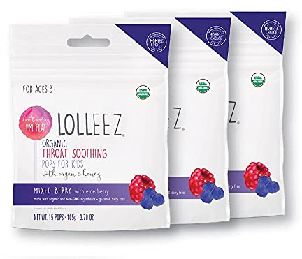 Lolleez Organic Throat Soothing Pops for Kids with Organic Honey, Cold and Flu Season Remedy, Mixed Berry Flavor (3 pk x 15 ct)