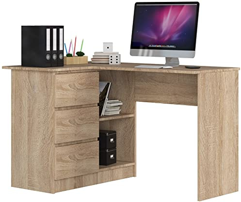 AKORD Eck-Schreibtisch B-16 mit 3 Schubladen und 2 Ablagen | Schreibtisch | ecktisch | Eck Schreibtisch für Home Office | Einfache Montage | B124 x H77 x T85, 48 kg Sonoma Eiche