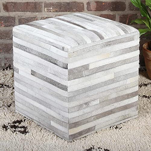 Casa Moro Patchwork Fell-Hocker Liem weiß grau 45x45x48 cm (B/T/H) aus echtem Fell & Holz Sitzhocker quadratisch echt Ledersitzkissen Pouf modern edel Echtleder Polsterhocker HH5606