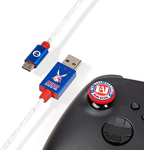 Numskull Official My Hero Academia LED USB Type-C Cable and Thumb Stick Grips - 1.5m Fast Charging Lead - Compatible with Xbox Series X|S, PlayStation 5, Nintendo Switch