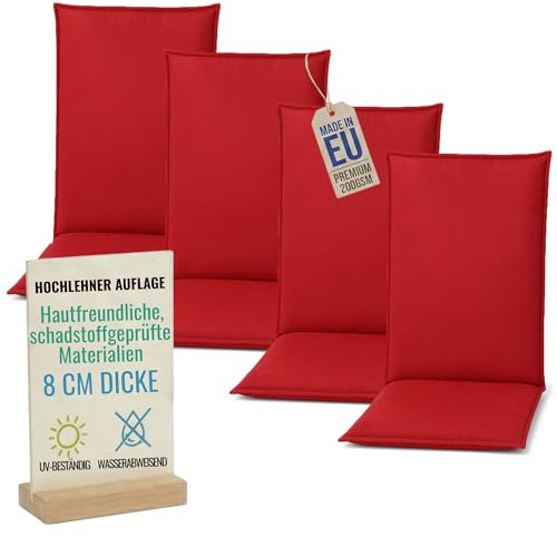 Pillows24 - Hochlehner Auflagen 4er Set - 120x50cm – 8cm Dick - Premium-Material 200gsm, UV- & Wasserabweisend | Sitzauflagen Hochlehner | Gartenstuhlauflagen für Gartenmöbel | Rot