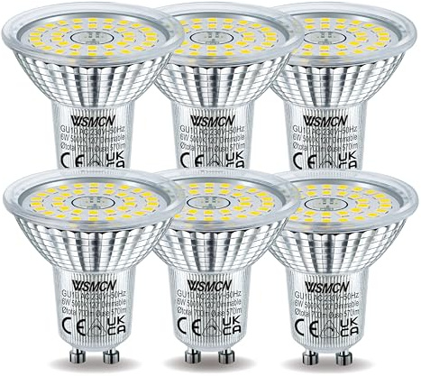 WSMCN GU10 LED Dimmbar Tageslichtweiß Lampe 3000K, 6W Ersetzt 75W Halogen | 6 Stücke LED Leuchtmittel 570LM, Dimmbare LED Spots, 120° Abstrahlwinkel Energiesparlampe, Kontinuierlich Dimmen über Dimmer