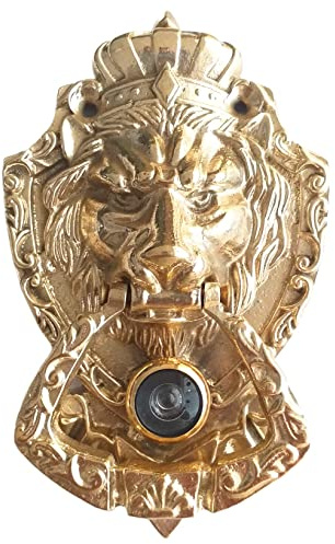 Anatolica Crowned Lion Door Knocker with Spy Hole,Viewer,Peephole, Solid Brass 6.3 inches(Polished Brass)
