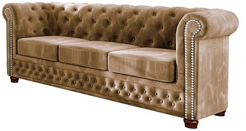 S-Style Möbel Harwell Sofa 3-Sitzer Chesterfield-Sofa für Wohnzimmer Lounge Couch mit verchromten Füßen Möbel Freistehende Polster Sofas & Couches Couchgarnitur Beige 203 x 86 x 72 cm