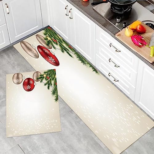 2 Stück Küchenmatte Waschbar rutschfest Küchenmatte,Weihnachten, Abstrakt Festliche Feier Icons Bälle Nadelbaum Zweige Bowties ,Teppiche Mit Staubdicht Für Küche Wohnzimmer, Esszimmer (45x70+45x120cm)