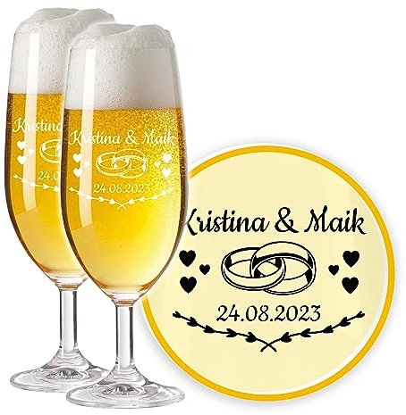 LALALO Leonardo Hochzeit Bierglas Geschenk-Set (2 St.) graviert, Biertulpe/Pilstulpe mit Gravur personalisiert als Hochzeitsgeschenk, Hochzeitstag, Standesamt (Herztanz)
