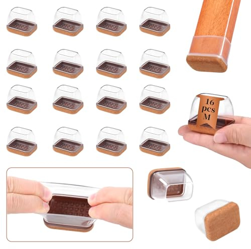 Protection Pied De Chaise, 16PCS Rectangulaire Patin Chaise Silicone, Transparent Embout Pied De Chaise avec Tampon Feutré, Protéger Le Sol sans Bruit, Convient Largeur 18-22mm, Longueur 34-42mm