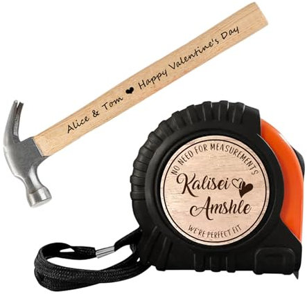 Smallduuck Personalisiertes Valentinstag-Maßband-Hammer-Set, passgenau, Maßband, Holzgriff, Hammer, Set, Valentinstag, Jahrestag, Werkzeug, Geschenk für ihn, Ehemann, Freund