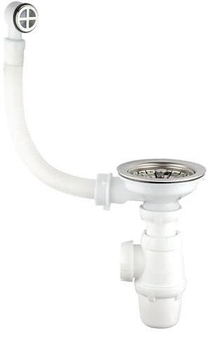 Wirquin 30723095 Ensemble complet bonde et siphon pour évier 1 bac avec siphon classique, chromé et blanc