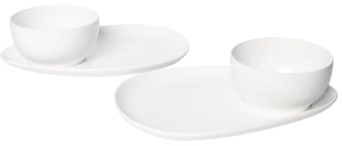 jinsongdaf Soup and Sandwich Plate Combo, 400 ML Soup Mug/Bowl with Tray, Porcelain Breakfast Kitchen Plate Set Cereal Bowl, for Brunch or Dinner, 4 Piece Set