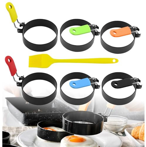 YUUTIAL 6 Pezzi Stampi per Uova Fritte con Pennelli,Anti-scottatura Anelli per Uova Fritte in Acciaio Inox con Manici Pieghevoli per Uova Fritte, Frittelle, Panini, Dolci, Muffin