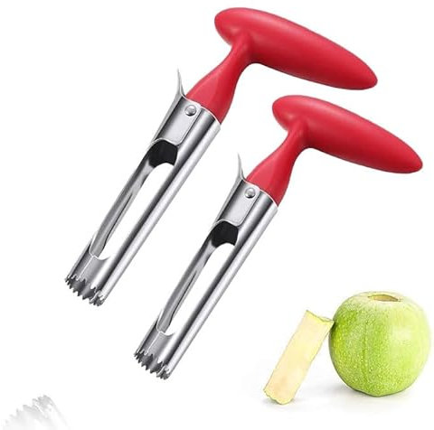 Descorazonador de manzanas, cortador de manzanas, rojo, 2 piezas, cortador de manzanas de acero inoxidable 304, para frutas y verduras, con hoja dentada afilada y mango ergonómico