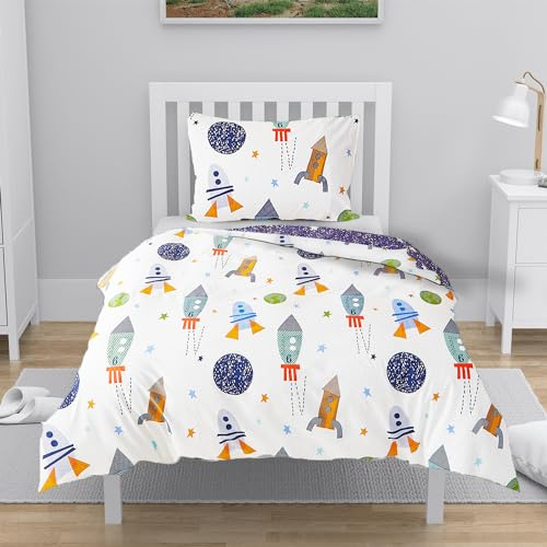 YASMENG Housse de Couette 140x200 Enfant Motif Fusée Planète 100% Coton