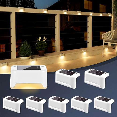 GIGALUMI Luces Solares para Exteriores Pack de 8, Luces para Escaleras, Impermeables, Iluminación LED para Escaleras Exteriores, Escalones, Vallas, Patios, Terrazas, Blanco, Blanco Cálido