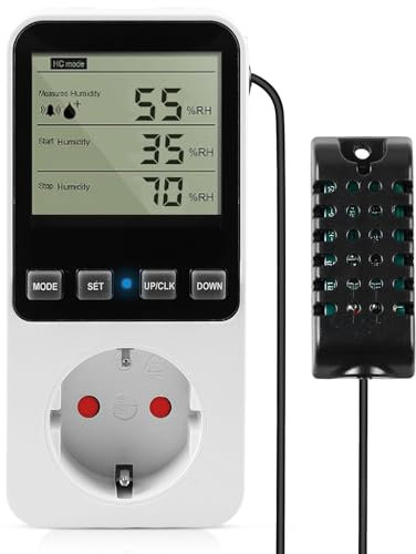 Temperaturregler Steckdose 230V Luftfeuchtigkeitsregler mit Fühler, Digital Thermostat Hygrostat Steckdose, Temperaturschalter mit Zeitschaltuhr Alarm für Gewächshaus Aquarium Terrarium Pilz