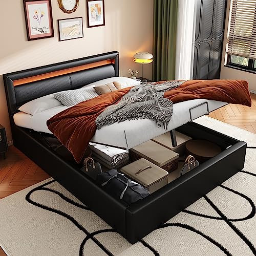 Aoskem Bett 140x200 cm Doppelbett Polsterbett, Bett mit Stauraum Underbett, LED-Kopfteil, Stauraumbett Bettgestell mit Lattenrost, Flachbett Jugendbett, Ohne Matratze, PU-Kunstleder (Schwarz)